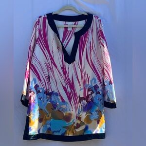 Soft Surroundings 100% silk tunic blouse XL abstract floral split neck pullover